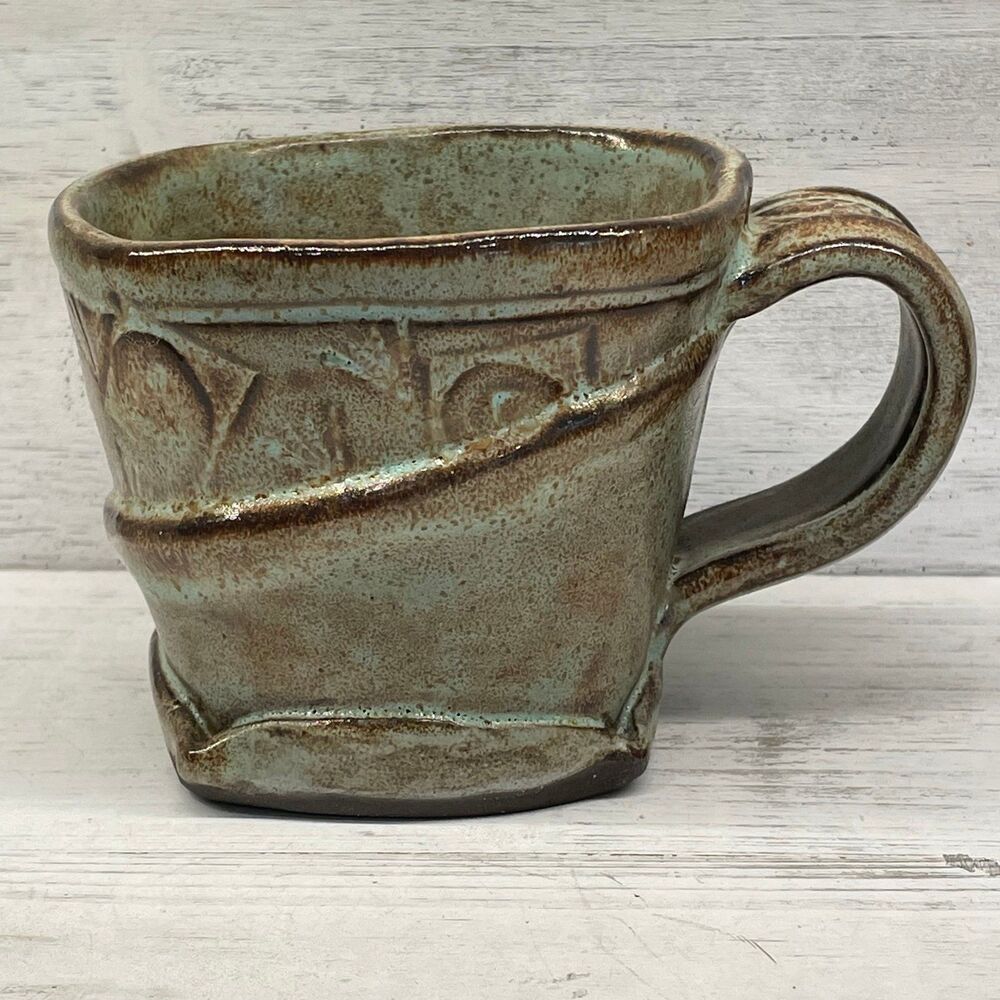 Signed Studio Pottery Mug by B. Jimka 2021 - Handmade Green Brown Square Mug